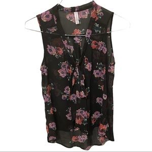 Sheer Black Tie Front Floral Xhiliration Top size Medium
